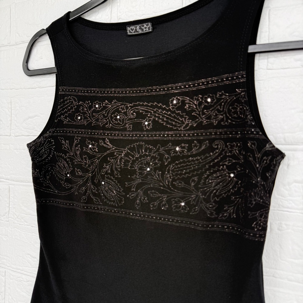 Heart Moon Star Tank Top Women Small Black Floral Embroidered Rhinestone Y2K